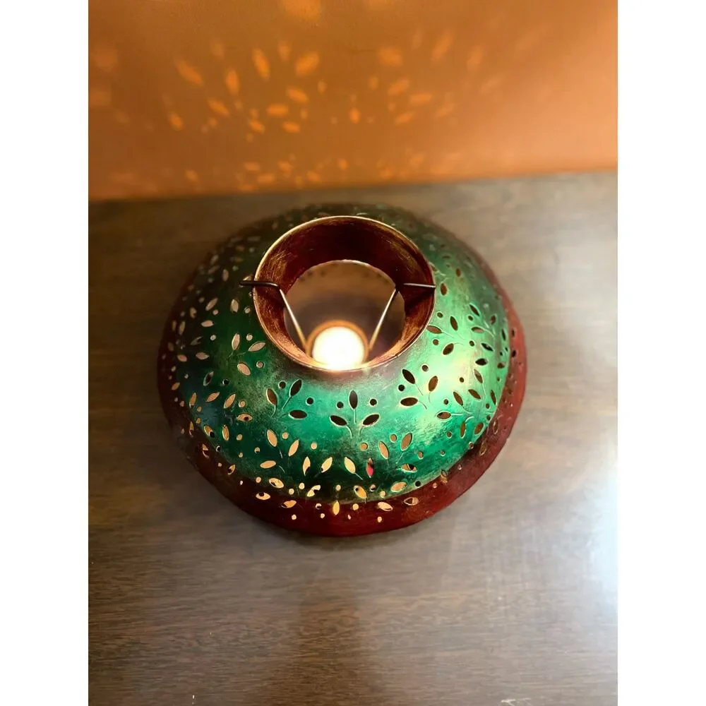 Pierced Metal Candle Lantern Green Red Leaf Cutout Boho Moroccan Light 10
